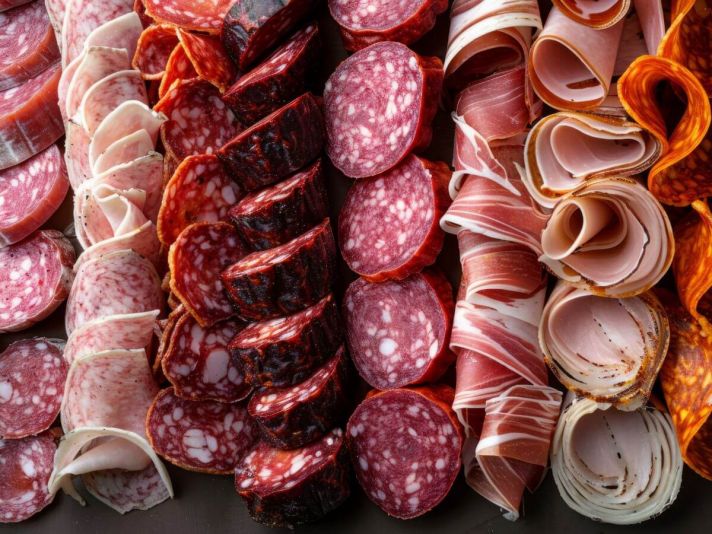 Tasty ham and sausage at the food market in Munich